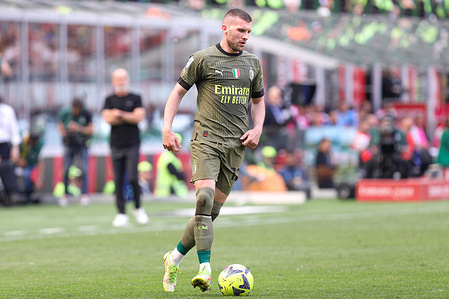 Ante Rebic (AC Milan striker) dribbles in front court in the second half in the second half during the soccer game match AC Milan vs SS Lazio - Serie A Tim 2022/2023 day 34 at San Siro Stadium. AC Milan wins 2-0.