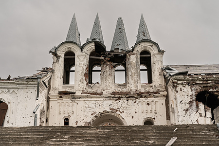 Completely destroyed Orthodox St. Heorhiy George monastery during invasion of Russia into Ukraine in village of Dolyna seen in Kharkiv region of Ukraine