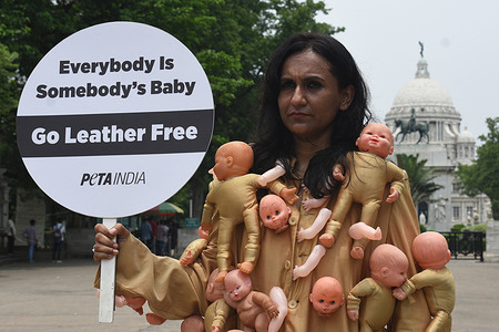 People for the Ethical Treatment of Animals (PETA) India organized an awareness program in front of Victoria Memorial ahead of Mother's Day. PETA India appealed all go "Leather free". A PETA activists wears a coat adorned with the arms, legs and head of baby dolls . They give the message "Every body is somebody's Baby".