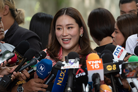morning on may 14, 2023 - Paethongtarn Shinawatra (C), Prime Minister Candidate of the Pheu Thai Party, gave an interview to the media after his vote in the general election at Elections District 15 Bangkok, Thailand.