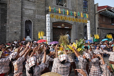 Thousands of local tourists attends the ‘Kneeling Carabao Festival’ on May 14, 2023 in Pulilan, Bulacan, Philippines. In this unique festival, carabaos are pulling a cart adorned with fruits and vegetables as they are paraded on the streets of Pulilan and once they reached San Isidro Labrador Church, the owner of the animal forces it to kneel in front of the church as form of thanksgiving and honor to San Isidro, the patron saint of the farmers for a bounty harvest.