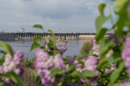 View of Dnipro Hydroelectric Power Plant on Dnipro River at Zaporizhzhia in Ukraine.