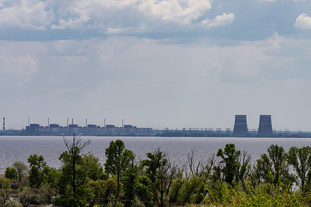 View of Zaporizhzhya Nuclear Power Plant from right bank of Dnipro river. At the moment the left bank of the Dnipro River is occupied by Russian forces including the nuclear plant.