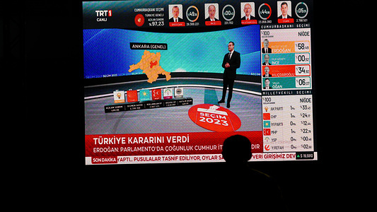 AK Party supporters are watching live updates of the Turkish 2023 General Elections at midnight in front of the AK Party Izmir Provincial Presidency. Erdogan leads with 49.49% of the vote, Kilicdaroglu takes 44.79% of the vote after 91.93% of ballots were counted, the head of Turkey's Supreme Election Council said in early Monday.