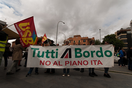 ROME, ITALY - MAY 16: Protest under the Lazio Region by the union Usb Cub Trasporti with former Alitalia employees, against the non-payment and reinstatement of the CIGS, of the 3600 workers, and the failure to respect the agreements previously made with the new airline. on May 16, 2023 in Rome, Italy.
