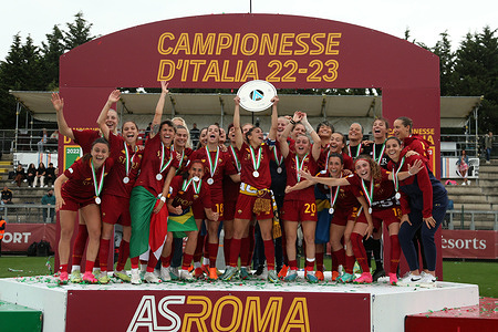 Roma players celebrate after winning the Italian championship at the the playoff match of the Serie A TIM between AS Roma and FC Internazionale at Stadio Tre Fontane in Rome, Italy, on May 20, 2023