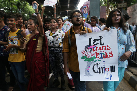 Supporters of the LGBTIQ community take part a pride rally and demand LGBTIQ rights walk to celebrate Love, Respect, Freedom, Tolerance, Equality & Pride at the Academy fine art to Exide Crossing in Kolkata, India on May 21,2023.