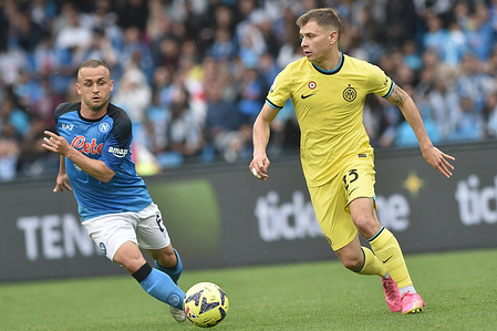 Nicolo' Barella of FC Internazionale competes for the ball with Stanislav Lobotka of SSC Napoli  during the Serie A match between SSC Napoli vs FC Internazionale at Diego Armando Maradona on May 21, 2023 in Naples, italy