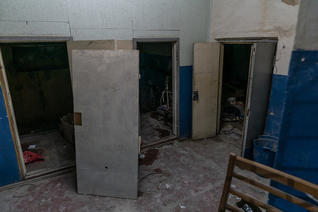 View of the jail cells allegedly used when Ukrainian prisoners were tortured by Russians during their occupation of Kherson. These cells located in the basement of the main police station were not in use by the Ukrainian police before the occupation because there is no running water, no toilet, no heat and no electricity.