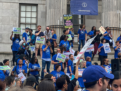 United Federation of Teachers (UFT) members gathered at Brooklyn Borough Hall near NYC Department of Education Headquarters to demand a new contract with the City and fair pay for union members.