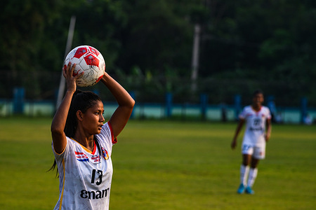 The women's IFA Shield tournament is introduced for the first time on 25 May by the Indian Football Association of West Bengal, previously 130 years IFA Shield tournament was only a men's football tournament. The Women's IFA Shield's main purpose is the growth of women's sports in India, starting with two teams between East Bengal Club and Nadia DSA. There, East Bengal Football Club beat Nadia DSA (Nadia District Sports Association) by 8 goals in this Historic first match of the tournament. IFA Shield is one of the oldest football competitions in the world started in 1893. Most of the girls who participate in this tournament are belongs to the Indian indigenous community. The game started at 3.30 pm in the summer heat, there was a cooling break in the first half. This photo was taken at Harichand Guruchand Stadium (Tehatta Stedium) at Betai Jitpur, West Bengal; India on 25/05/2023.