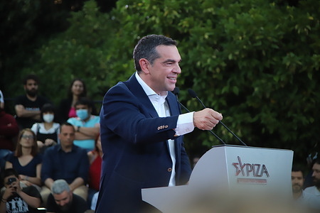 President of SYRIZA political party Alexis Tsipras gives a speech in Nikaia region of Athens, inaugurating the election campaign.