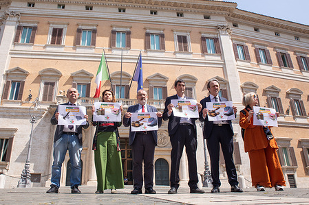 Flashmob organized by deputies of “Alleanza Verdi e Sinistra” in front of Montecitorio Palace to protest against ASAP, the European Commission plan to use funds from the PNRR (National Recovery and Resilience Plan) to increase the production of armaments for Ukraine.