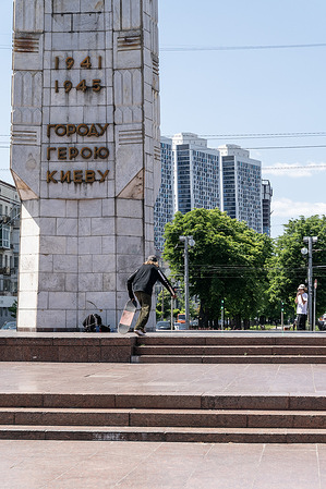 View of the Obelisk of the Hero City of Kyiv on Victory Square which will be removed because of Russian aggression against Ukraine.