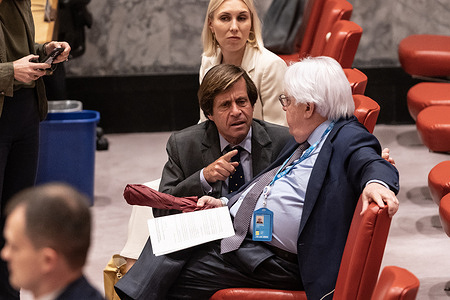 France Ambassador Nicolas de Riviere and Martin Griffiths, Under-Secretary-General for Humanitarian Affairs and Emergency Relief Coordinator speak before SC meeting on Maintenance of peace & security of Ukraine at UN Headquarters in New York. The Security Council (SC) discussed the latest development in Ukraine as destruction of the dam at Nova Kakhovka on river Dnepr will flood 80 towns and villages affecting more than 40, 000 people and destroying agriculture in the region.