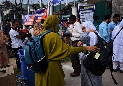 Kashmiri female Muslim pilgrims leaves for the annual hajj pilgrimage to the holy city of Mecca on June 07, 2023 in Srinagar the Summer captial of Indian Administrated Kashmir.