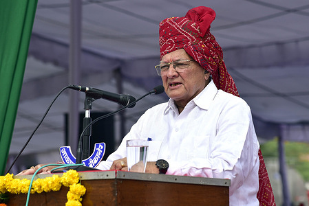 Rajasthan Education Minister Dr. Bulaki Das Kalla speaks during 77th Independence Day in celebration at Karni Singh Stadium.