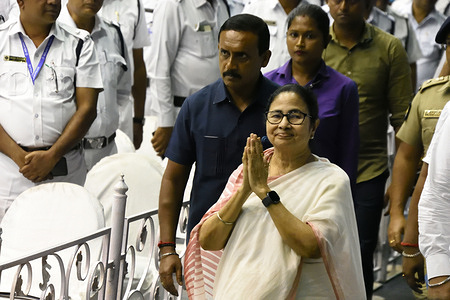 Mamata Banerjee, Chief Minister, Government of West Bengal greets the audience at the administrative and coordination meeting that was held by the Government of West Bengal and the Durga Puja organizers for the forthcoming Durga Puja and other autumn festivals in West Bengal.