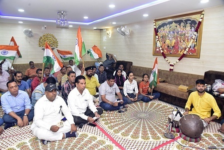 Devotees engage in uninterrupted recitation of the Hanuman Chalisa, praying, or the successful landing of ISRO's (Indian Space Research Organization's) 'Chandrayaan-3' on the lunar surface of the Moon.
