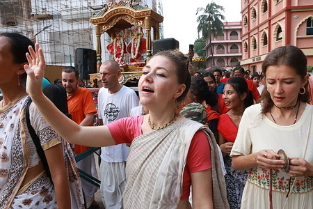 Devotees attend at the International Society of Krishna Consciousness (ISKCON) Headquarter celebrates the 39th Jhulan Yatra (Swing festival) festival at the Mayapur Iskcon Temple campus area at Nadia district , West Bengal,India on August 27,2023.