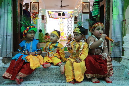 Indian child dressed as the Hindu god Lord Krishna while participating in a competition during celebrations for the Janmashtami festival at a temple in Kolkata. The Hindu festival Janmashtami which falls on September 6, 2023 marks the birth of the Hindu god Lord Krishna. Krishna Janmashtami is one of the most popular festivals widely celebrated by Hindus across India and other countries.