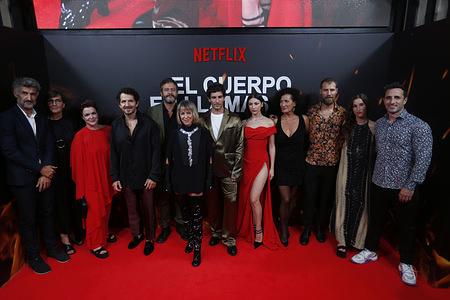 Spanish actor, Quim Gutierrez (L), know for his role in 'El vecino' and 'Amor de madre', with the Spanish actress, Ursula Corbero (R), known for her role as 'Tokio' in the popular Netflix series 'La casa de papel', are seen on Wednesday, September 6, 2023, while they participate in a photocall prior to the premiere of the new miniseries 'El cuerpo en llamas' (by its title in Spanish), of which they are main actors, at the Capitol cinemas, in Madrid (Spain). 'El cuerpo en llamas' is based on a real crime: the appearance in 2017 of the charred corpse of a man in the Foix reservoir, in Barcelona. The investigation of what is known as "The Crime of the Urban Police" uncovered a corrupt and insane plot among the agents, and occupied the front pages of the entire country for weeks. The main actors of this new drama give life to Rosa and Albert, the two agents of the Barcelona Urban Police convicted of murder in a complex case, full of morbidity and extremely high media coverage and which will premiere on the streaming platform on the 8th of September. With 238 million paying subscribers and a presence in more than 190 countries, Netflix is one of the world's leading streaming entertainment services.