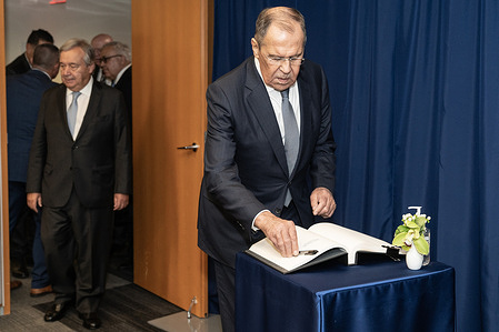 The Secretary-General Antonio Guterres meets with Russian Foreign Minister Sergey Lavrov at UN Headquarters in New York. Lavrov signed a guest book.