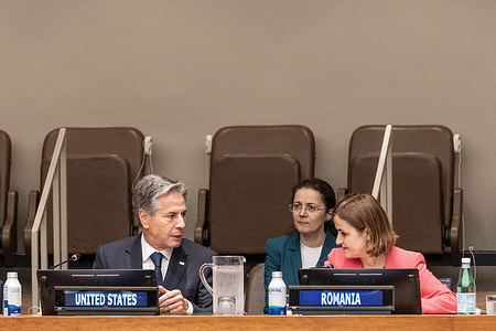 US Secretary of State Antony Blinken and Minister of Foreign Affairs of Romania Luminita Odobescu attend meeting on Advancing the Sustainability and Adaptability of the Women, Peace and Security at UN Headquarters.
