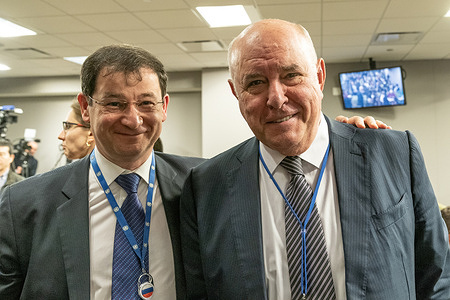 Ambassador Dmitry Polyanskiy and Grigory Karasin Chair of the Federation Council Committee on Foreign Affairs attend press briefing by Russian Foreign Minister Sergey Lavrov at UN Headquarters.