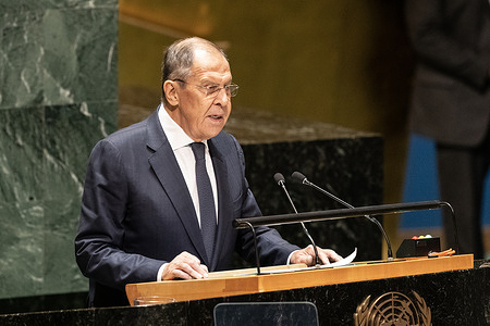 Sergey Lavrov, Minister for Foreign Affairs of the Russian Federation speaks during the UN General Assembly 78th Session at the UN Headquarters.