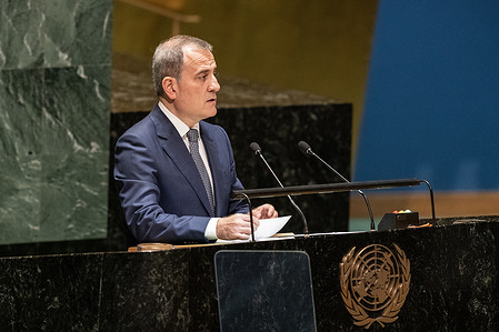 Foreign Minister of Azerbaijan Jeyhun Aziz Oglu Bayramov speaks during the UN General Assembly 78th Session at the UN Headquarters.