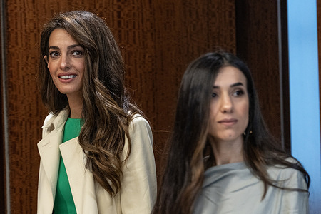 Barrister Amal Clooney and Nobel Peace Laureate, and United Nations Office on Drugs and Crime Goodwill Ambassador Nadia Murad during the meeting with Secretary-General Antonio Guterres at UN Headquarters.