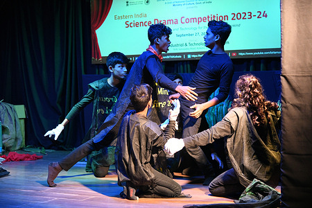 School students of the 'Dahamunda Govt. High School', Balasore of Odisha, performing the 'Bachao', a science drama with the broad theme of ‘Science and Technology for the Benefit of Mankind’, during the Eastern India Science Drama Competition that organized by Birla Industrial & Technological Museum. They won the first position among five other team.