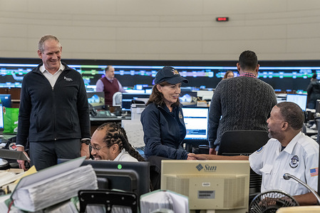 Governor Kathy Hochul and MTA CEO Janno Lieber visit Rail Control Center in New York to thank transit workers for their work following historic storm as rain dumped more than 6 inches of rain flooding many streets and subway stations