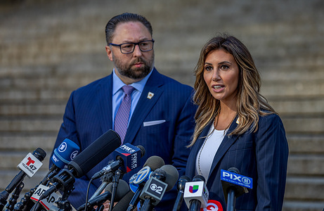 Attorney for former President Donald Trump, Alina Habba, speaks to the press outside the New York State Supreme Court on October 2, 2023 in New York City. Donald Trump will face off against New York Attorney General Letitia James in a $250 million lawsuit that threatens his control over his real estate empire in the state.