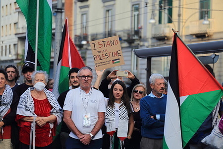 In Piazza Cavour, members of the community of Palestinian origin living in Naples and volunteers of Pacifist Associations protest against the brutal offensive of Israel as a reaction to the attacks of the terrorist formation of Hamas on 07 October 2023 on the border with the Gaza Strip. Israel’s military reaction led to the death of thousands of Palestinians, especially women and children. The Palestinians call for an end to Israeli military action and a ceasefire for the resumption of peace talks. The President of the Palestinian Community of Naples was also present.