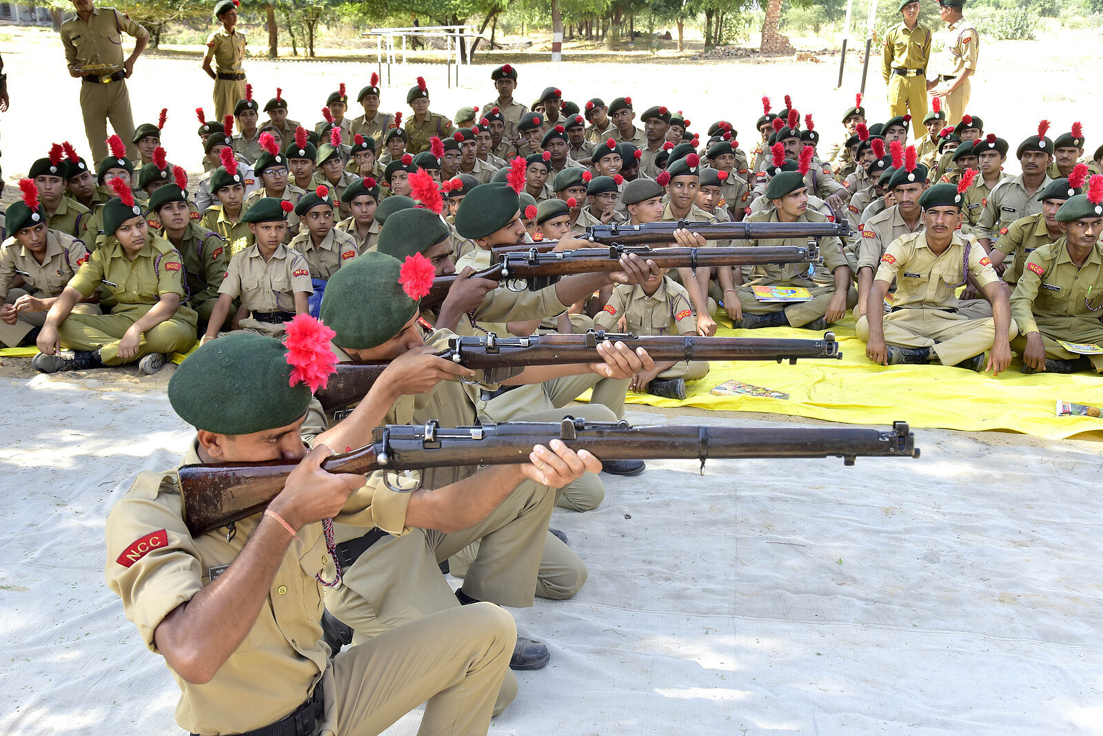 National Cadet Corps (NCC) cadets undergo weapon training at an NCC camp in Bikaner.