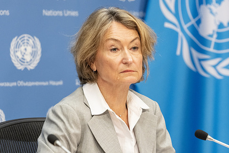 Ilze Brands Kehris, Assistant Secretary-General for Human Rights attends press briefing on the launch of advisory body on Artificial Intelligence at UN Headquarters.
