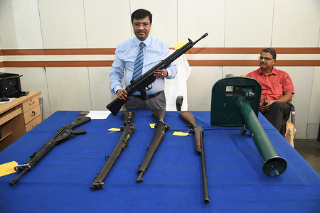Six weapons including one Launcher Rocket surrendered by Pakistani Army in 1971 Indo-Pak War or the Third India–Pakistan War, from BSF Academy, Tekanpur, Gwalior have been received and being shown at a press conference by Biplab Roy, Administrator General and Official Trustee of West Bengal for the State Judicial Museum and Research Centre in Kolkata.