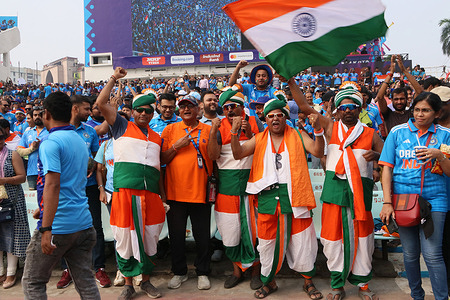 Indian supporters cheer during the ICC Men's Cricket World Cup match between India and South Africa in Kolkata, India, Sunday, Nov. 5, 2023.