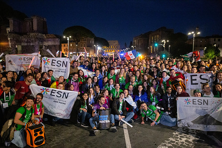 Students during demonstration organized by "Erasmus Student Network Italia ETS" association in Via dei Fori Imperiali in Rome