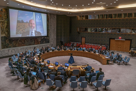 Matthew Hollingworth, Representative and Country Director in Ukraine, from World Food Programme speaks via video link during Security Council meeting on maintenance of peace and security of Ukraine at UN Headquarters in New York
