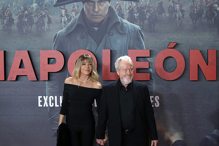 The British film director, producer and screenwriter Ridley Scott (England, 1937), accompanied by his wife, the Costa Rican actress and producer Giannina Facio (San Jose, 1955), during the world premiere of the film 'Napoleon', at the Prado Museum, in Madrid (Spain). The Prado Museum was the setting to present the long-awaited film 'Napoleon', under the direction of the renowned Ridley Scott, author of such renowned works as 'Gladiator', Alien', 'Blade Runner', 'The Martian' and 'Thelma and Louise', and with the brilliant leading performance of Joaquin Phoenix, winner of an Oscar in 2019 for his performance in 'Joker'. The film, scheduled to be released exclusively in theaters on November 24, offers a unique perspective on the rise and fall of Napoleon, exploring both his battlefield strategies, with stunning sequences filmed with up to eleven cameras, and his obsessive relationship with his wife Josefina, played by Vanessa Kirby. With a promise of an immersive narrative and a captivating approach, 'Napoleon' is shaping up to be a cinematic work that will capture the attention of history lovers and film fans alike, promising total immersion into the intriguing life of the famous leader French. In 'Napoleon', the film that Ridley Scott has shot about the historical figure of the French general and that has generated a shower of criticism from French critics who allude to 'invented scenes' and 'serious historical errors'. The production of the film involved the participation of 900 people, 100 horses, 50 trucks to transport them, 100 drivers and 700 extras.