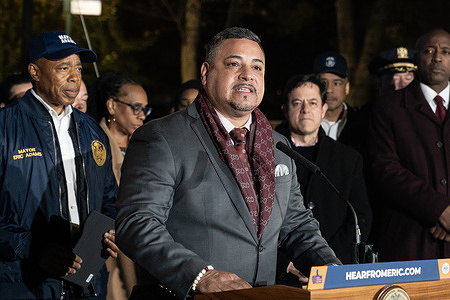 Police commissioner Edward Caban speaks during the Thanksgiving Day Parade safety-related announcement at corner of 81st street and Columbus Avenue.