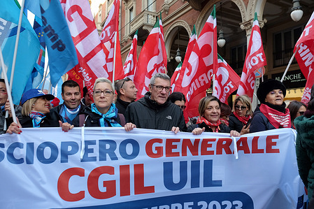 Maurizio Landini at demonstration in Turin for the general strike against the manoeuvre of the Meloni government