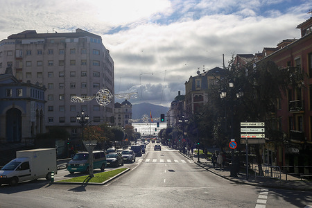 Santander, Spain, November 25, 2023: View of a street in Santander with the Cantabrian Sea in the background during Daily Life in Santander, on November 25, 2023, in Santander, Spain.