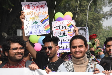Members of the LGBTQ+ community take part the Queer Pride Parade 2023 in New Delhi on Sunday November 26, 2023. With each pride parade, the number of young and masked people has grown and the Delhi Queer Pride parade has become a massive celebration of people. Photo by: Sondeep Shankar