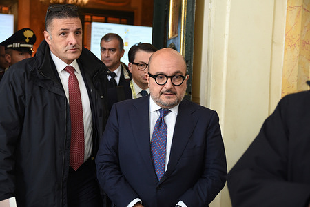 Gennaro Sangiuliano (C), Minister of Culture of Italian government arrives for the ceremony of the opening of the Unesco Cultural Heritage of the 21st Century at the Royal Palace of Naples.