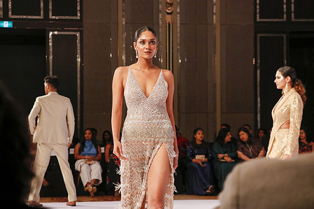 A model presents a creation by fashion designer Shalini during the Colombo Fashion Week in Colombo on November 30, 2023.