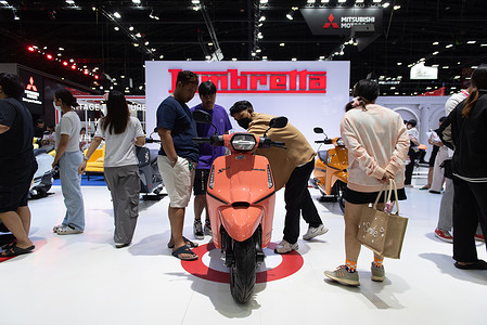 Lambretta motorcycle on display during the Thailand International Motor Expo 2023 at IMPACT Challenger Muang Thong Thani in Pak Kret District of Nonthaburi Province, Thailand.
on December 4, 2023.